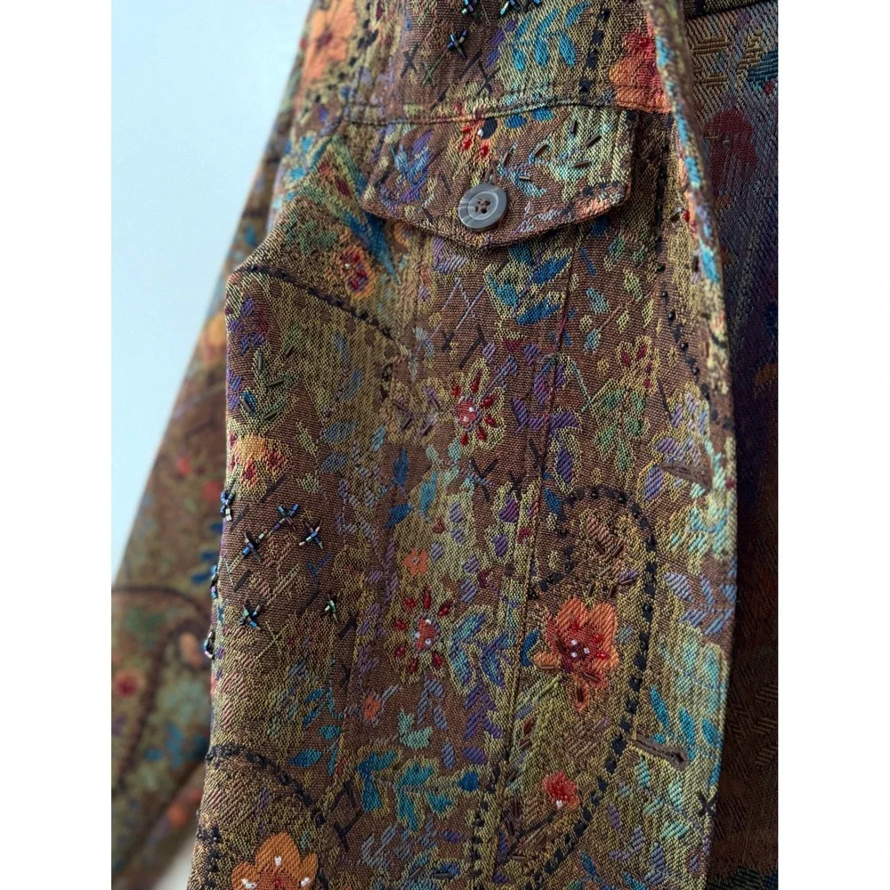 Vintage Y2K Coldwater Creek Tapestry Jacket PS Boho Beaded Floral Paisley Fall